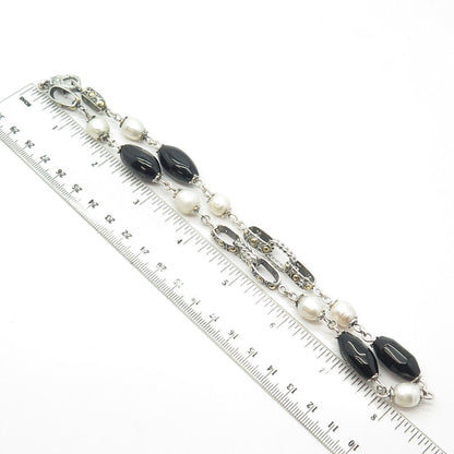 925 Sterling Silver 14K Gold Vintage Real Pearl & Black Onyx Chain Necklace 16"
