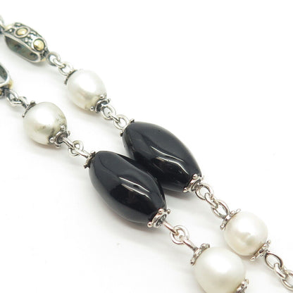 925 Sterling Silver 14K Gold Vintage Real Pearl & Black Onyx Chain Necklace 16"