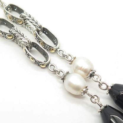 925 Sterling Silver 14K Gold Vintage Real Pearl & Black Onyx Chain Necklace 16"