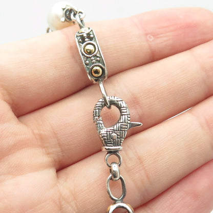 925 Sterling Silver 14K Gold Vintage Real Pearl & Black Onyx Chain Necklace 16"