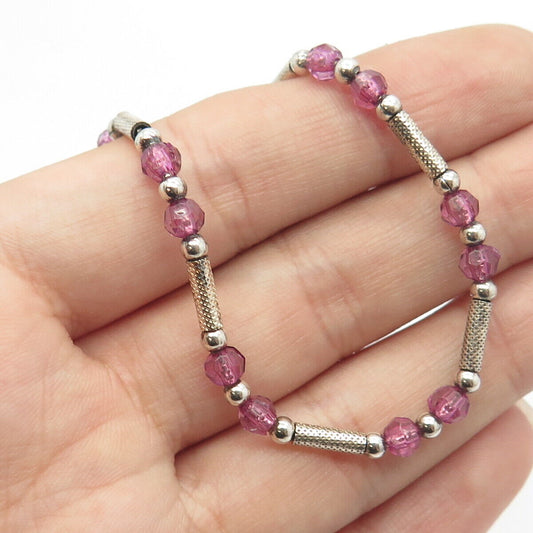 925 Sterling Silver Vintage Italy Purple Crystal Beads Tube Bar Necklace 18"