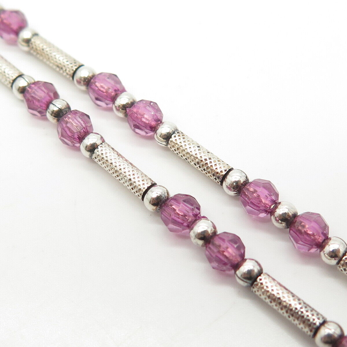 925 Sterling Silver Vintage Italy Purple Crystal Beads Tube Bar Necklace 18"