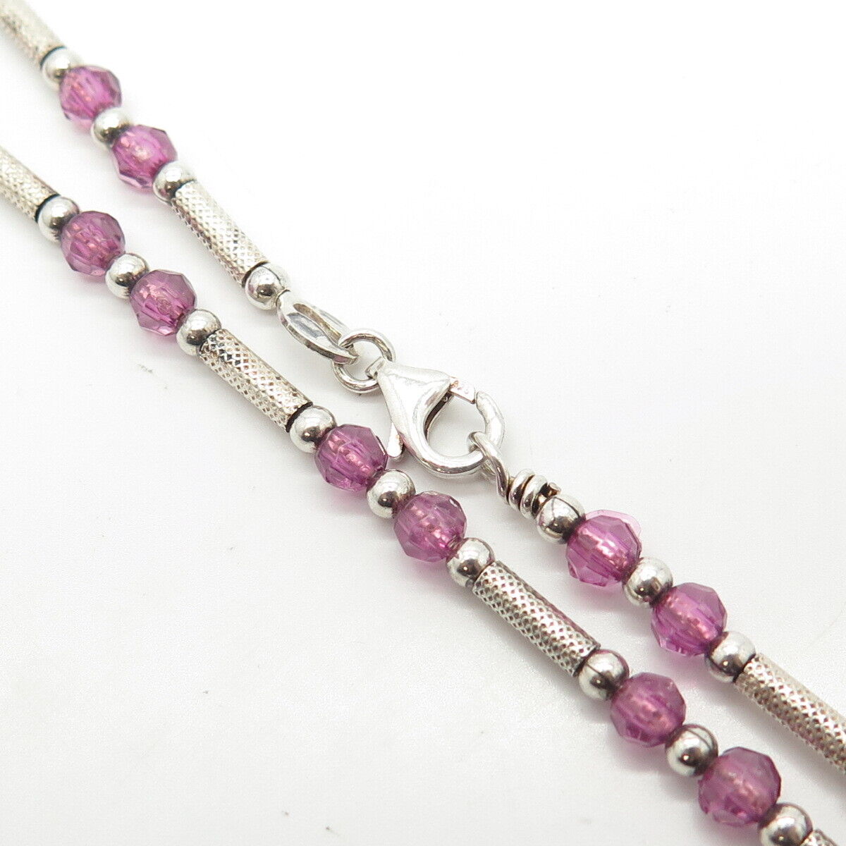 925 Sterling Silver Vintage Italy Purple Crystal Beads Tube Bar Necklace 18"