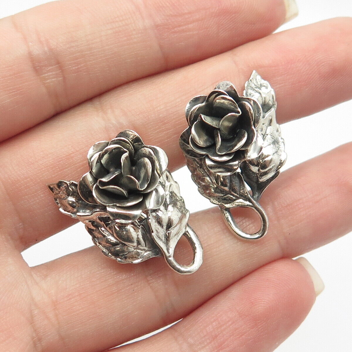 925 Sterling Silver Antique Art Deco Danecraft Rose Flower Screw Back Earrings