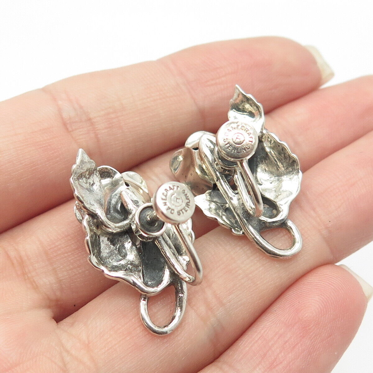 925 Sterling Silver Antique Art Deco Danecraft Rose Flower Screw Back Earrings