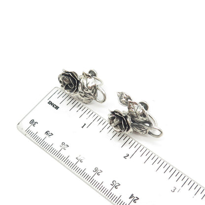 925 Sterling Silver Antique Art Deco Danecraft Rose Flower Screw Back Earrings