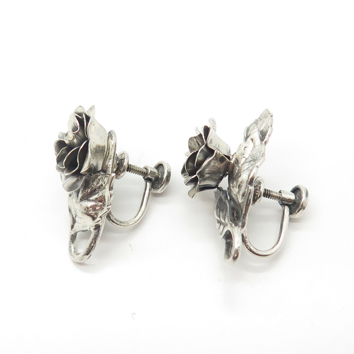 925 Sterling Silver Antique Art Deco Danecraft Rose Flower Screw Back Earrings