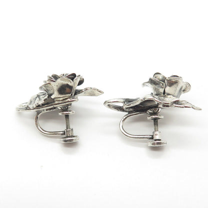 925 Sterling Silver Antique Art Deco Danecraft Rose Flower Screw Back Earrings