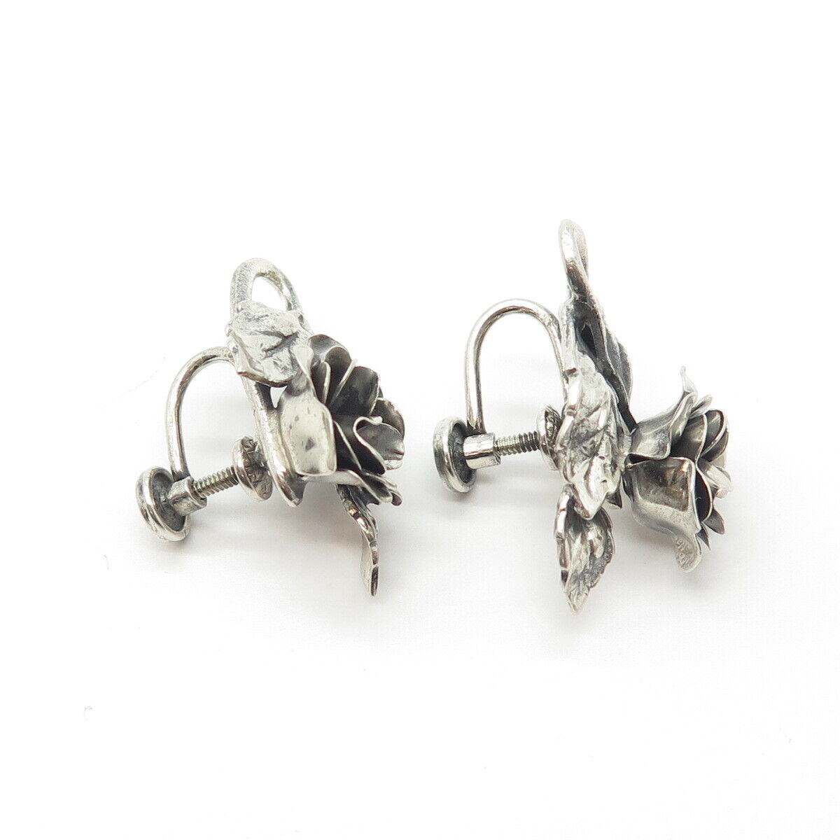 925 Sterling Silver Antique Art Deco Danecraft Rose Flower Screw Back Earrings