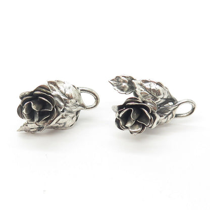 925 Sterling Silver Antique Art Deco Danecraft Rose Flower Screw Back Earrings