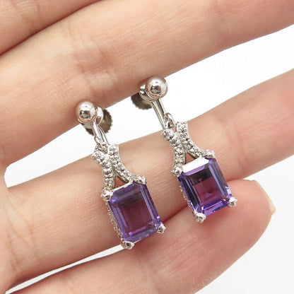 925 Sterling Silver Lenox Real White Diamond & Amethyst Gem Screw Back Earrings