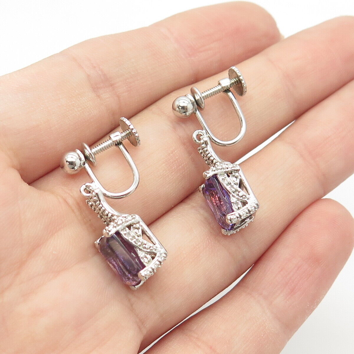 925 Sterling Silver Lenox Real White Diamond & Amethyst Gem Screw Back Earrings