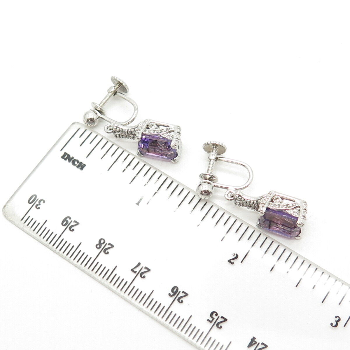 925 Sterling Silver Lenox Real White Diamond & Amethyst Gem Screw Back Earrings