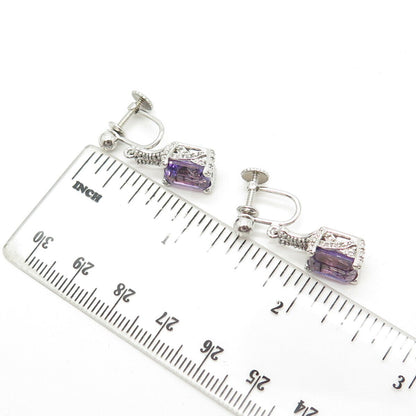 925 Sterling Silver Lenox Real White Diamond & Amethyst Gem Screw Back Earrings