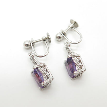 925 Sterling Silver Lenox Real White Diamond & Amethyst Gem Screw Back Earrings