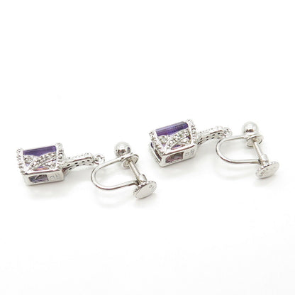 925 Sterling Silver Lenox Real White Diamond & Amethyst Gem Screw Back Earrings