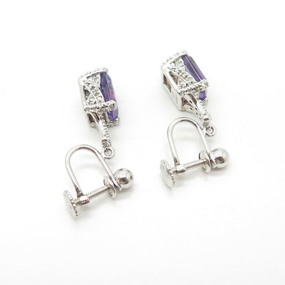 925 Sterling Silver Lenox Real White Diamond & Amethyst Gem Screw Back Earrings