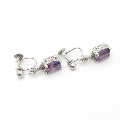 925 Sterling Silver Lenox Real White Diamond & Amethyst Gem Screw Back Earrings