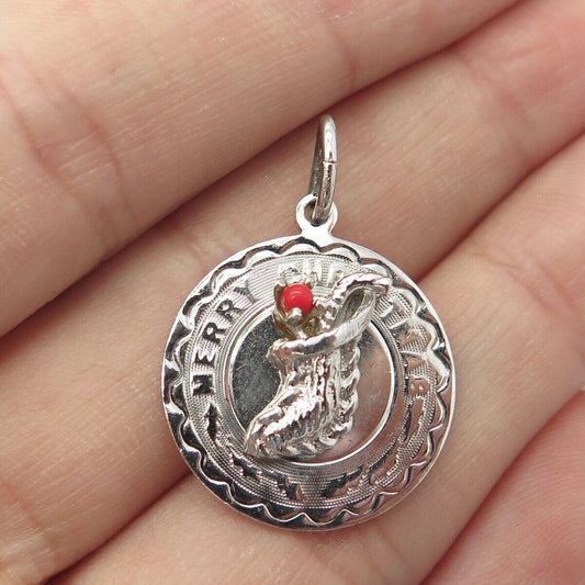 925 Sterling Silver Vintage Elco Real Coral "Merry Christmas" Sock Charm Pendant