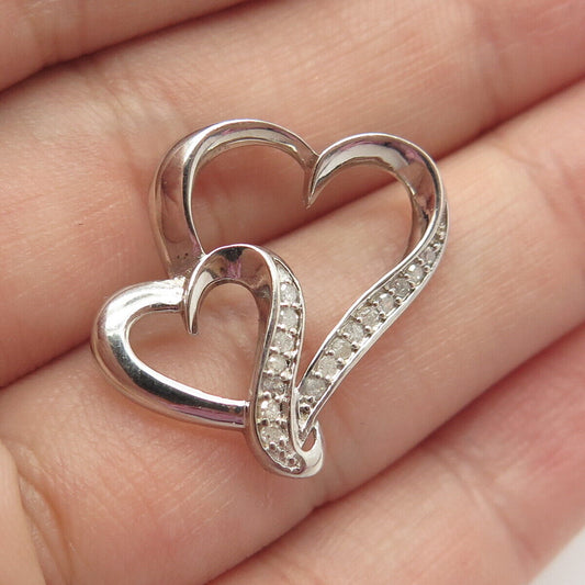 925 Sterling Silver Real White Diamond Couple of Hearts Pendant