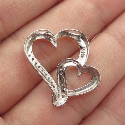 925 Sterling Silver Real White Diamond Couple of Hearts Pendant