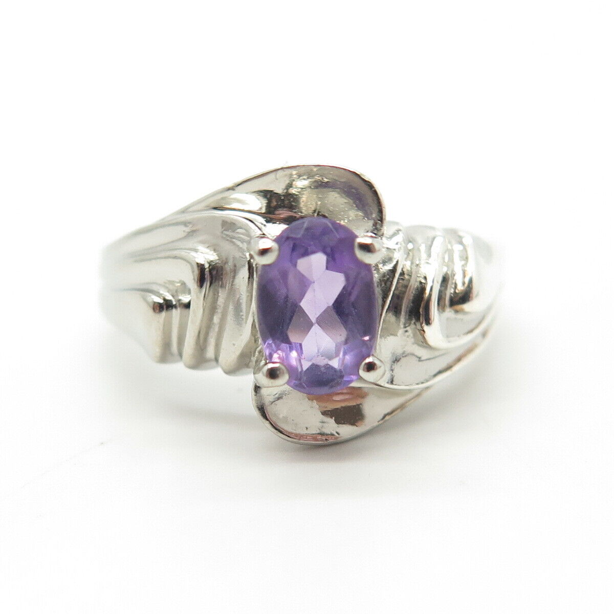 925 Sterling Silver Vintage Real Amethyst Gemstone Ribbed Ring Size 7.25