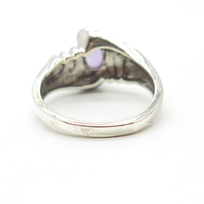 925 Sterling Silver Vintage Real Amethyst Gemstone Ribbed Ring Size 7.25