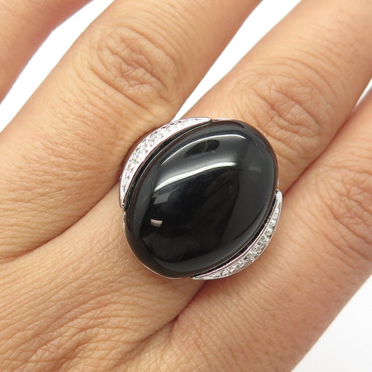 925 Sterling Silver Real Black Onyx Gemstone & C Z Ring Size 8