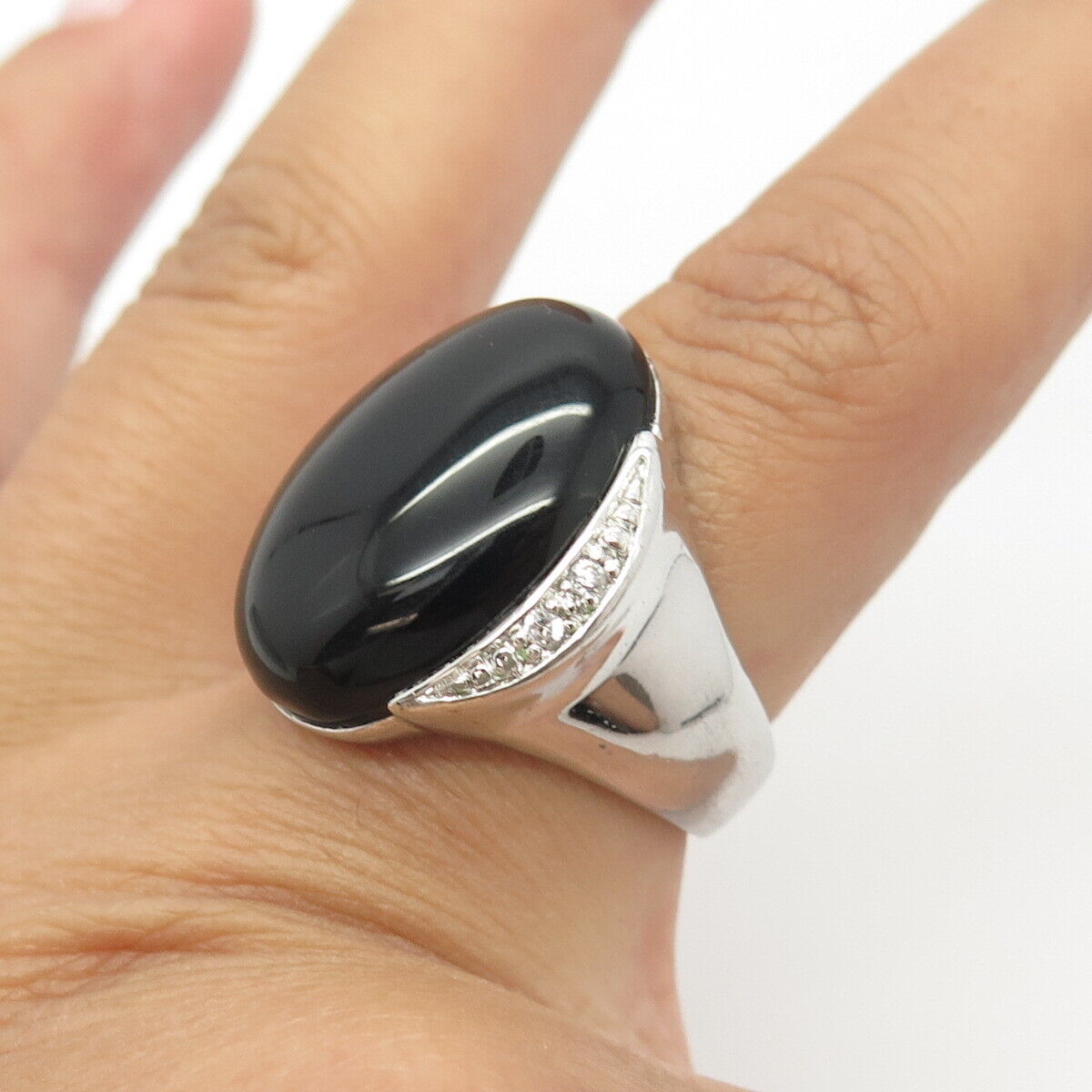 925 Sterling Silver Real Black Onyx Gemstone & C Z Ring Size 8