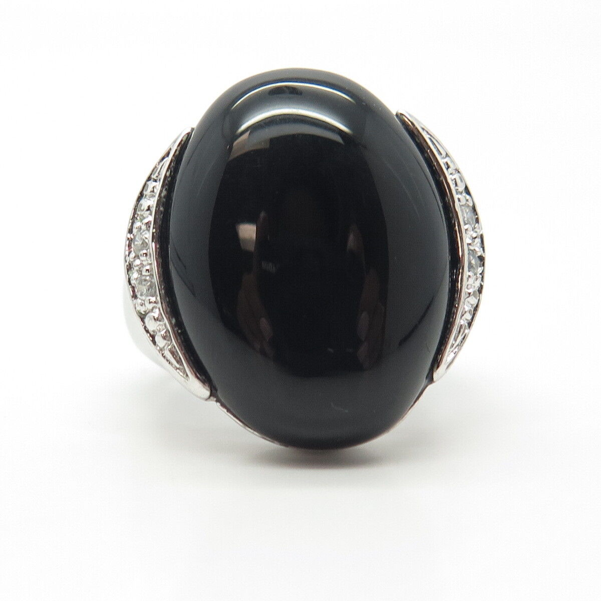 925 Sterling Silver Real Black Onyx Gemstone & C Z Ring Size 8