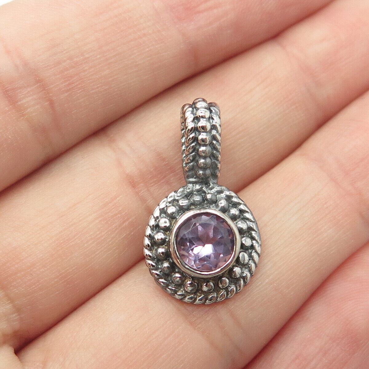 925 Sterling Silver Vintage Real Amethyst Gemstone Beaded Pendant