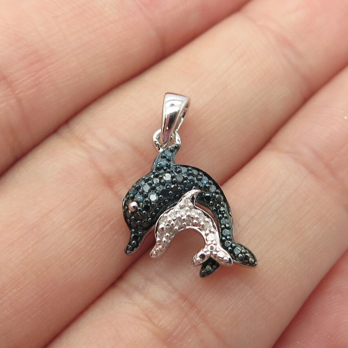 925 Sterling Silver SUN Real Blue & White Diamond Dolphin Couple Pendant