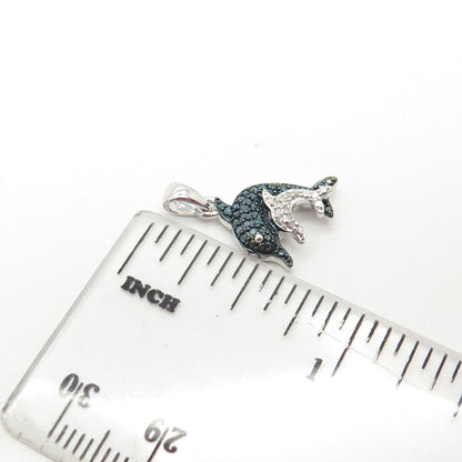 925 Sterling Silver SUN Real Blue & White Diamond Dolphin Couple Pendant