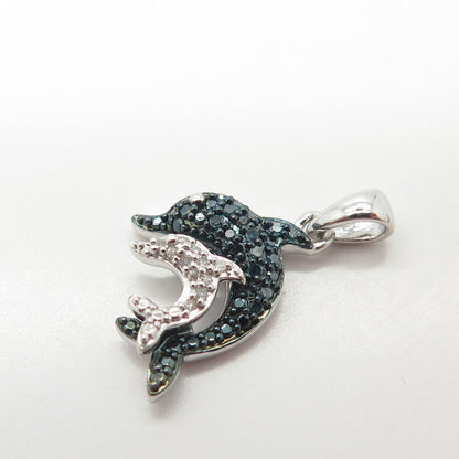 925 Sterling Silver SUN Real Blue & White Diamond Dolphin Couple Pendant