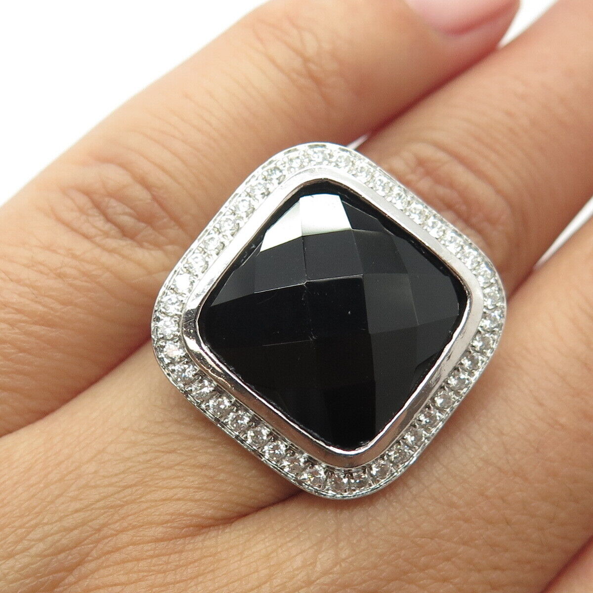 925 Sterling Silver Real Black Onyx & C Z Statement Ring Size 5.5