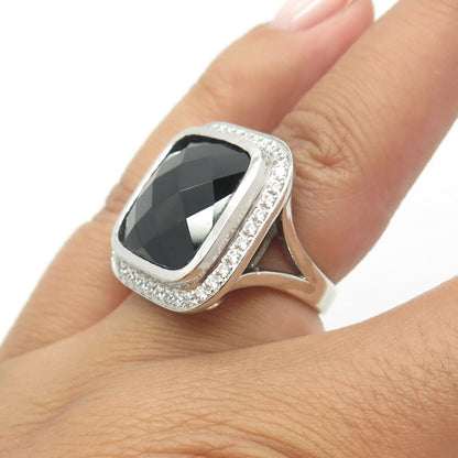 925 Sterling Silver Real Black Onyx & C Z Statement Ring Size 5.5