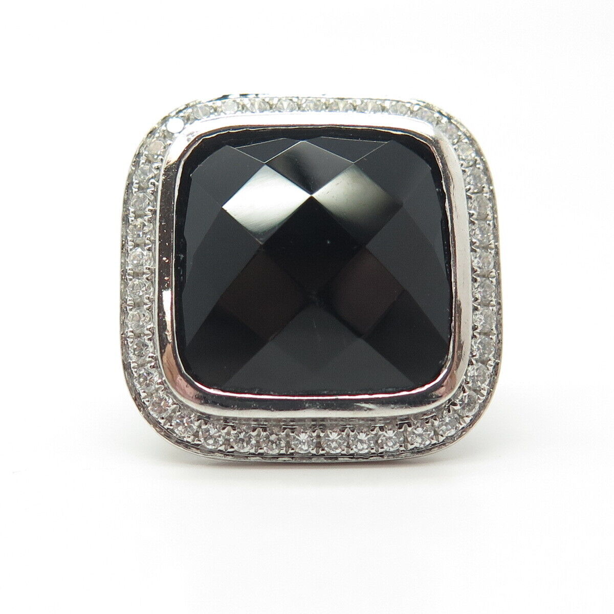 925 Sterling Silver Real Black Onyx & C Z Statement Ring Size 5.5