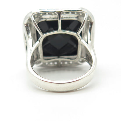 925 Sterling Silver Real Black Onyx & C Z Statement Ring Size 5.5