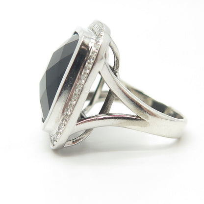 925 Sterling Silver Real Black Onyx & C Z Statement Ring Size 5.5