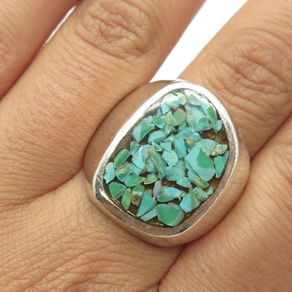 925 Sterling Silver Vintage Navajo Real Turquoise Inlay Tribal Ring Size 10.5