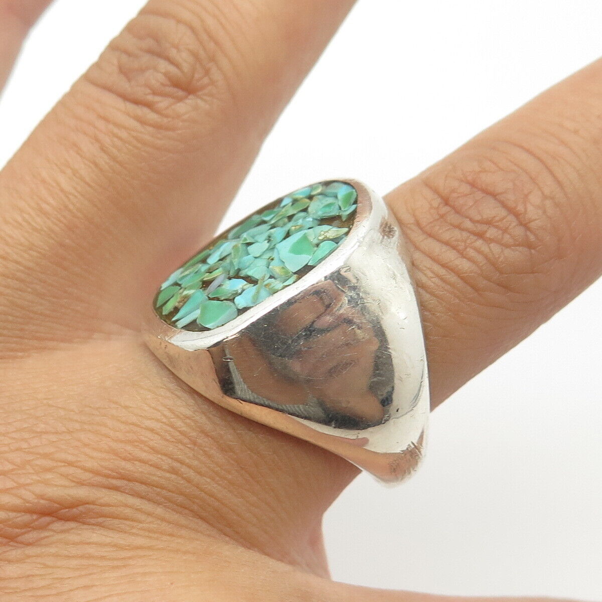 925 Sterling Silver Vintage Navajo Real Turquoise Inlay Tribal Ring Size 10.5