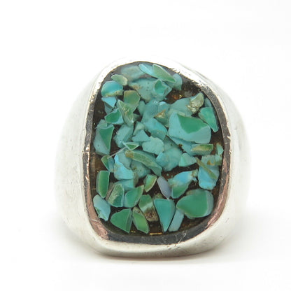 925 Sterling Silver Vintage Navajo Real Turquoise Inlay Tribal Ring Size 10.5