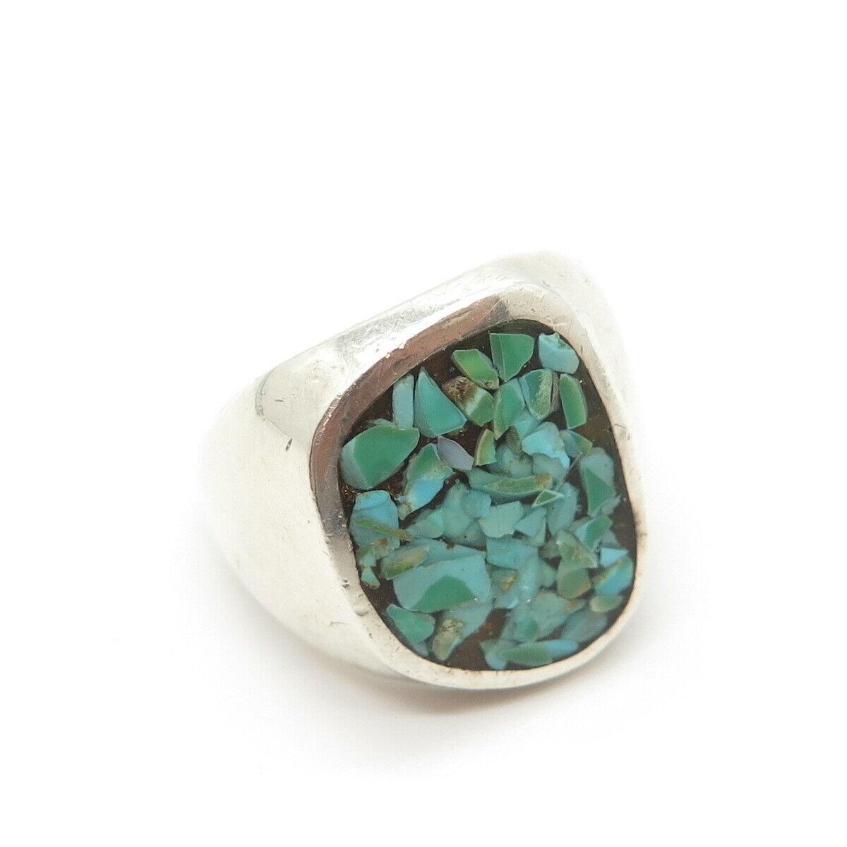 925 Sterling Silver Vintage Navajo Real Turquoise Inlay Tribal Ring Size 10.5