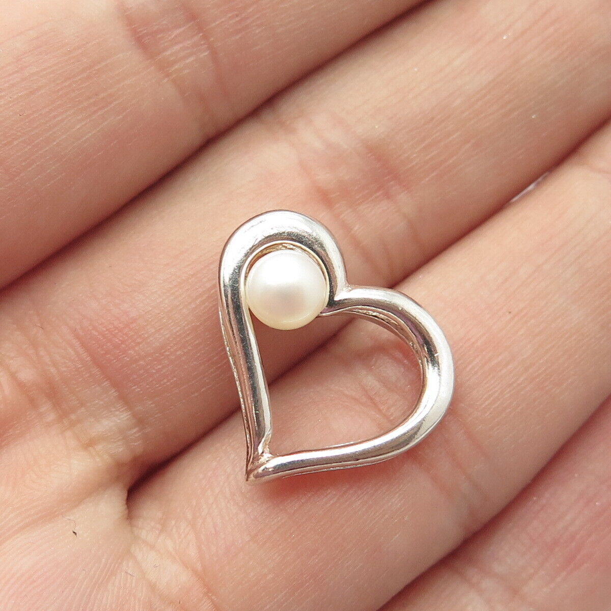 925 Sterling Silver Vintage Real Pearl Open Heart Slide Pendant