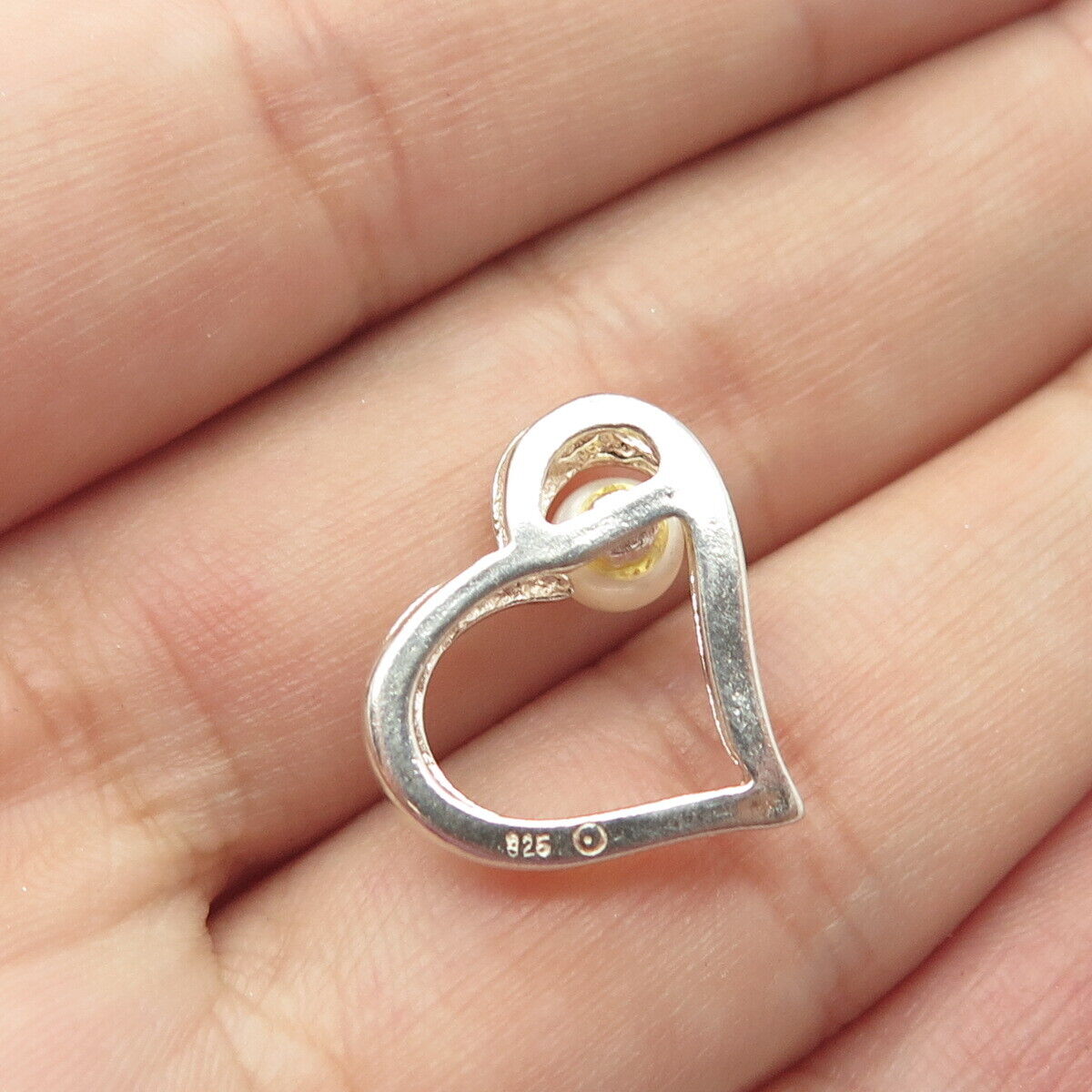 925 Sterling Silver Vintage Real Pearl Open Heart Slide Pendant