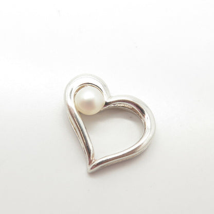 925 Sterling Silver Vintage Real Pearl Open Heart Slide Pendant