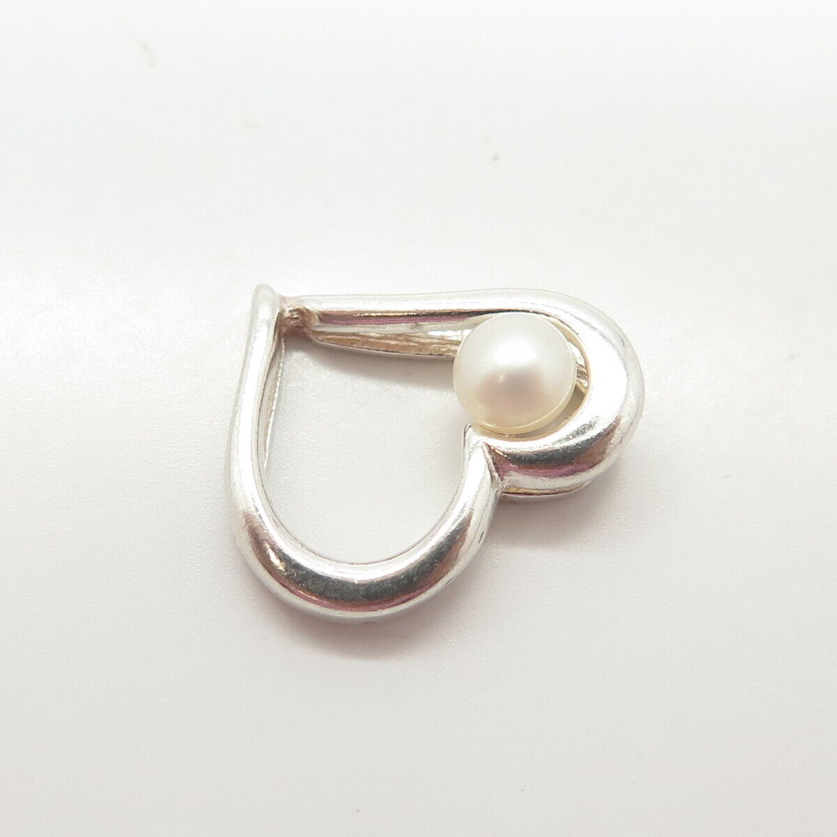 925 Sterling Silver Vintage Real Pearl Open Heart Slide Pendant