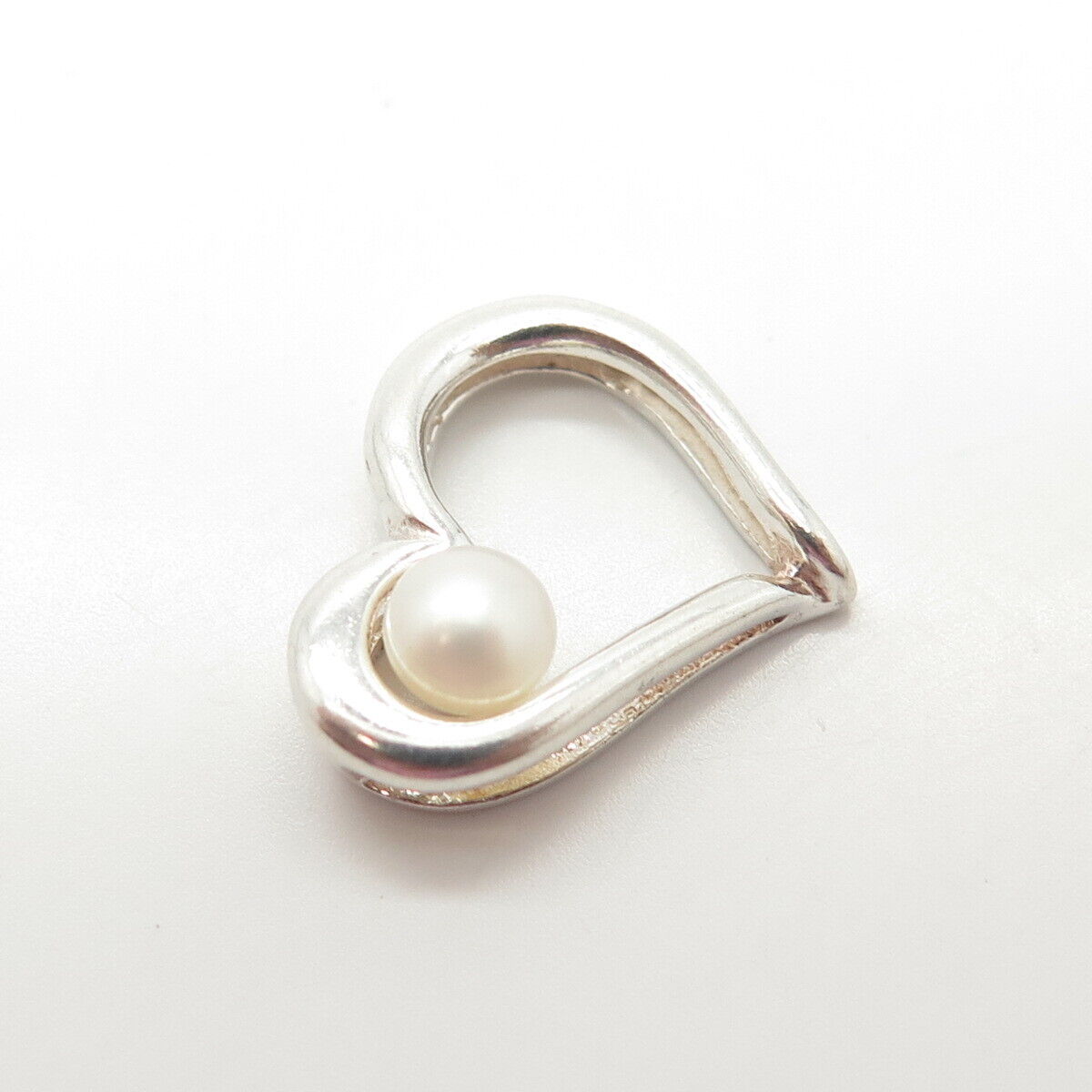 925 Sterling Silver Vintage Real Pearl Open Heart Slide Pendant