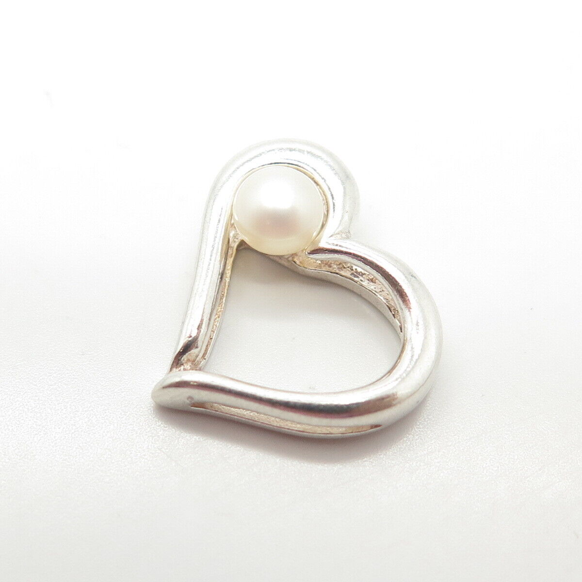 925 Sterling Silver Vintage Real Pearl Open Heart Slide Pendant