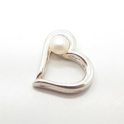 925 Sterling Silver Vintage Real Pearl Open Heart Slide Pendant